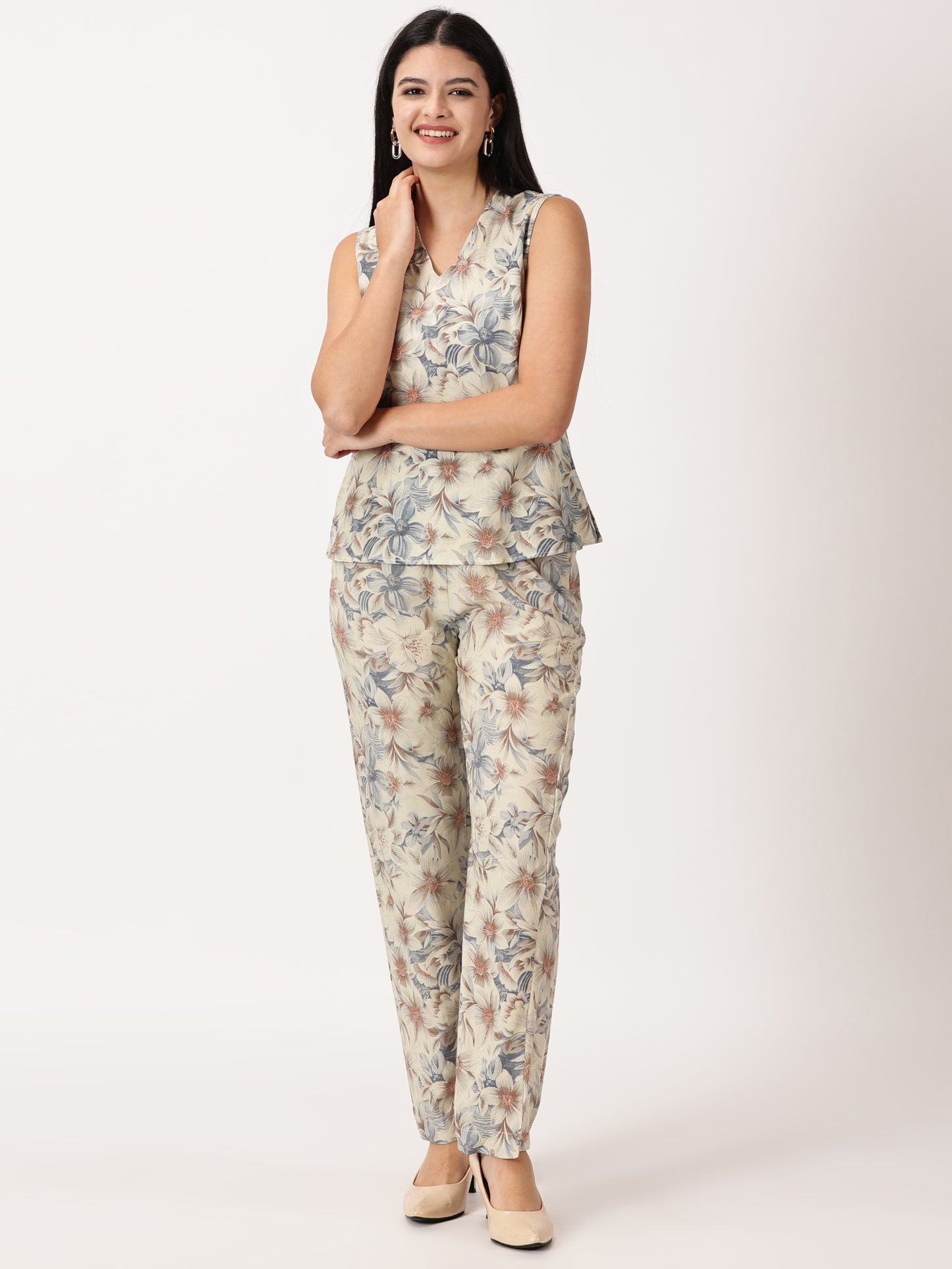 FLORAL PRINTED 'V' NECK TOP & STRAIGHT PANT