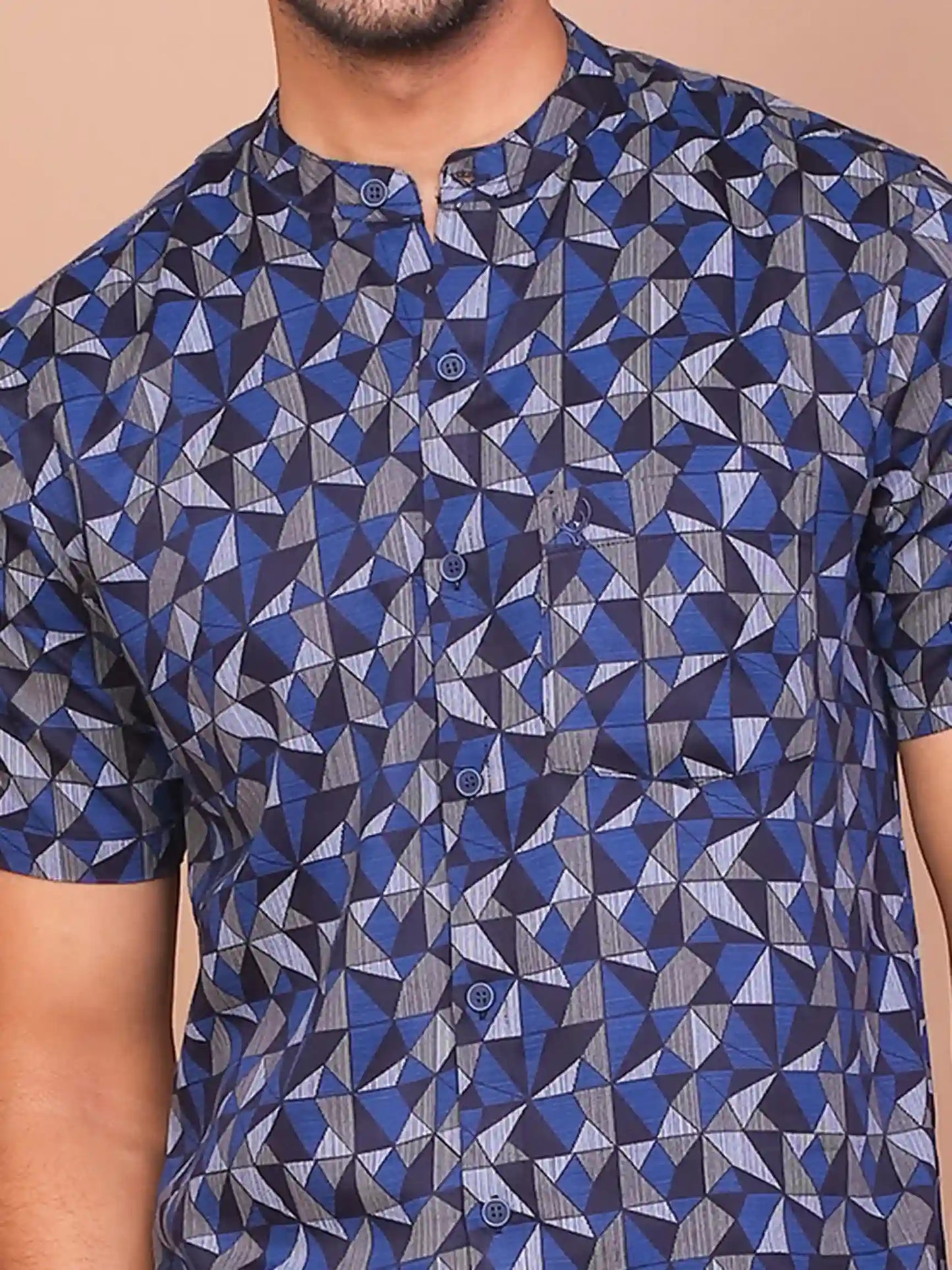 Buy-Ravinik-Men-Geomatric-Trigon-Printed-Band-Collar-Navy-Blue-half-sleeve-Cotton-Shirt