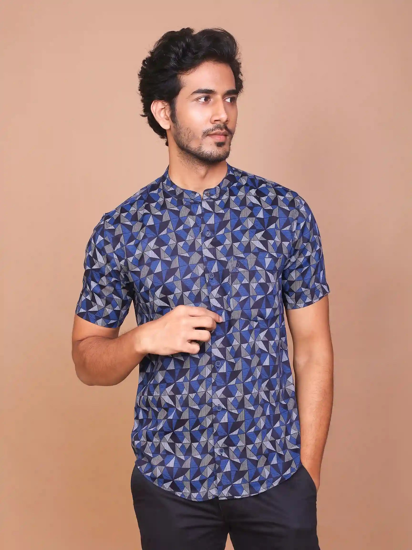 Buy-Ravinik-Men-Geomatric-Trigon-Printed-Band-Collar-Navy-Blue-half-sleeve-Cotton-Shirt